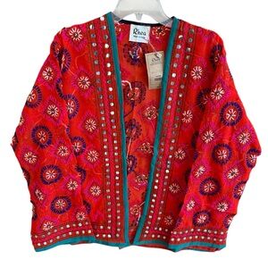 NWT Rhea Vibrant Rhea Red Hand-Embroidered Women's Kimono Style Sheer Jacket- OS